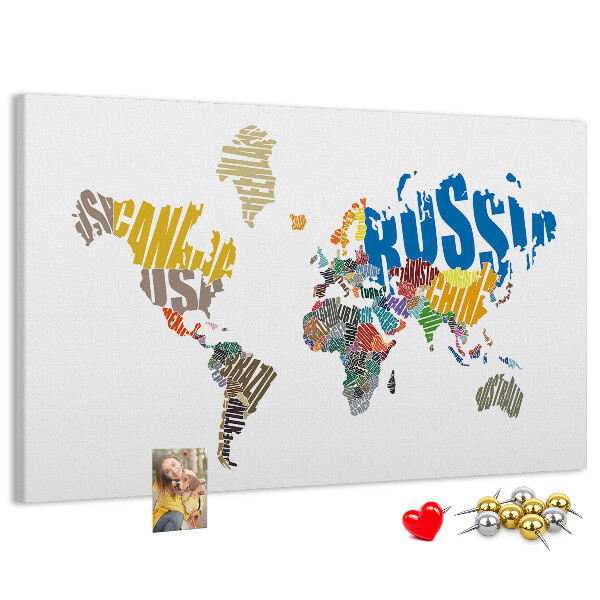 Tablero de corcho decorativo mapa del mundo con nombres de países