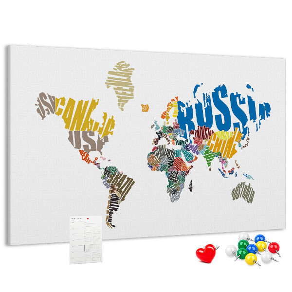 Tablero de corcho decorativo mapa del mundo con nombres de países