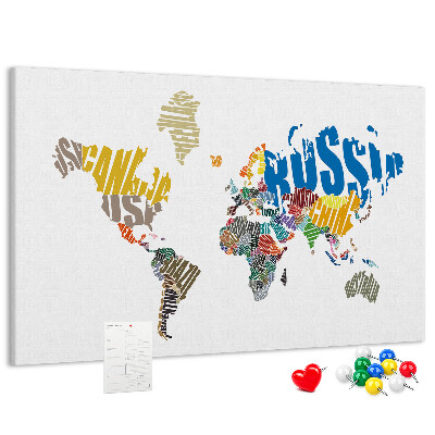 Tablero de corcho decorativo mapa del mundo con nombres de países