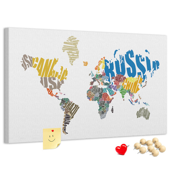 Tablero de corcho decorativo mapa del mundo con nombres de países