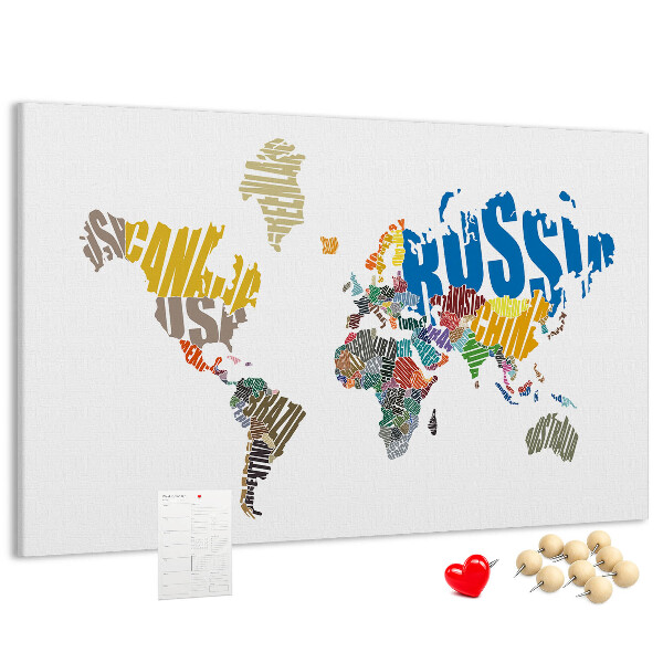 Tablero de corcho decorativo mapa del mundo con nombres de países