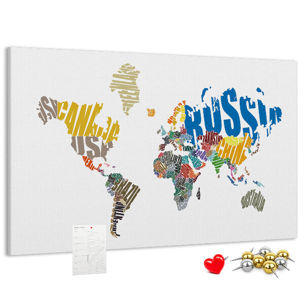 Tablero de corcho decorativo mapa del mundo con nombres de países