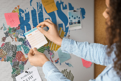 Tablero de corcho decorativo mapa del mundo con nombres de países