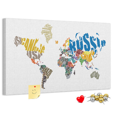 Tablero de corcho decorativo mapa del mundo con nombres de países