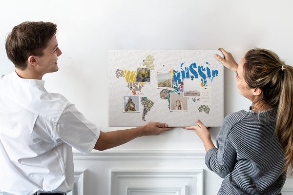 Tablero de corcho decorativo mapa del mundo con nombres de países
