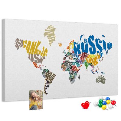 Tablero de corcho decorativo mapa del mundo con nombres de países