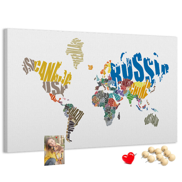 Tablero de corcho decorativo mapa del mundo con nombres de países