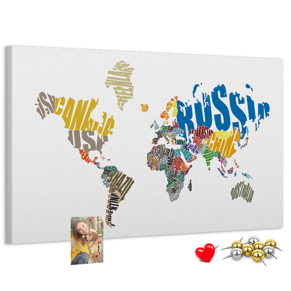 Tablero de corcho decorativo mapa del mundo con nombres de países