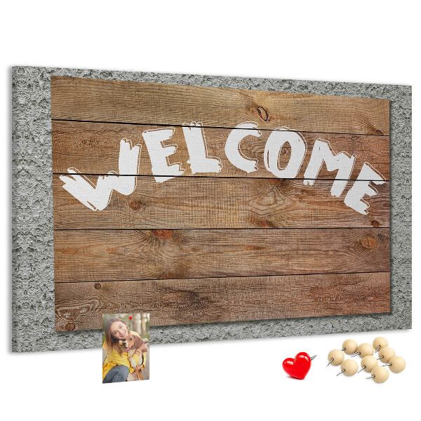 Tablero de corcho decorativo tablero de bienvenida de madera con inscripción
