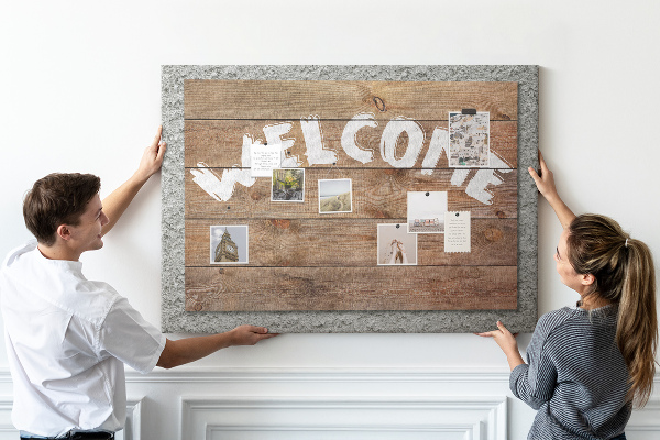 Tablero de corcho decorativo tablero de bienvenida de madera con inscripción