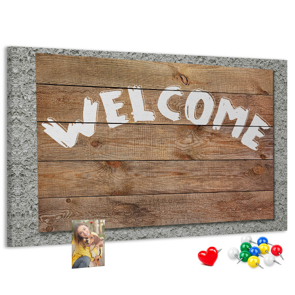 Tablero de corcho decorativo tablero de bienvenida de madera con inscripción