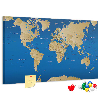 Tablero de anuncios Mapa del mundo con alfileres de colores