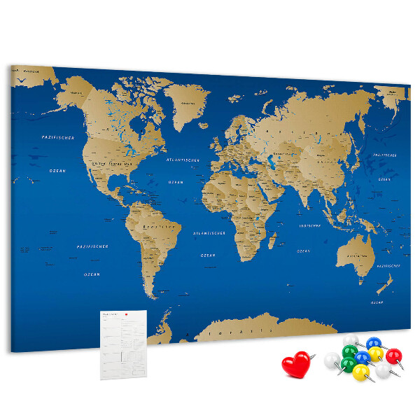 Tablero de anuncios mapa del mundo con alfileres de colores