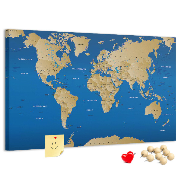 Tablero de anuncios mapa del mundo con alfileres de colores