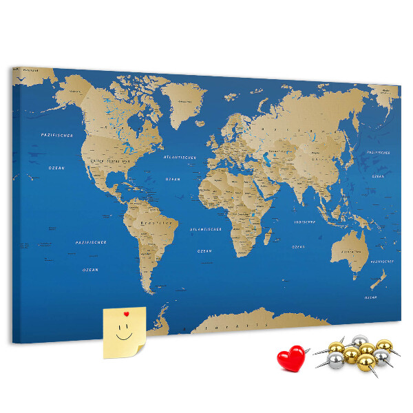 Tablero de anuncios mapa del mundo con alfileres de colores