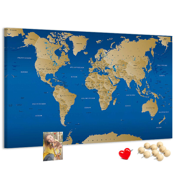Tablero de anuncios mapa del mundo con alfileres de colores
