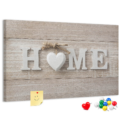 Tablero de corcho decorado Elegante inscripción HOME con un corazón