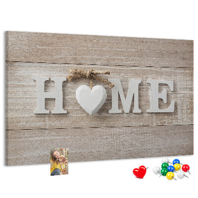 Tablero de corcho decorativo con elegante inscripción HOME y un corazón