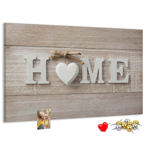 Tablero de corcho decorativo con elegante inscripción HOME y un corazón