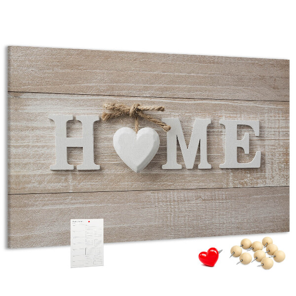 Tablero de corcho decorativo con elegante inscripción HOME y un corazón
