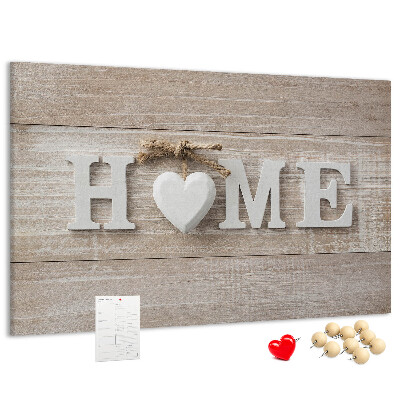 Tablero de corcho decorativo con elegante inscripción HOME y un corazón