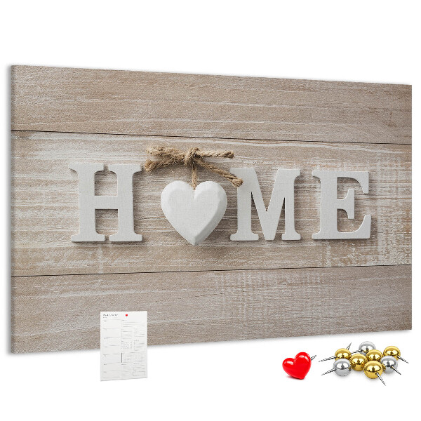 Tablero de corcho decorativo con elegante inscripción HOME y un corazón