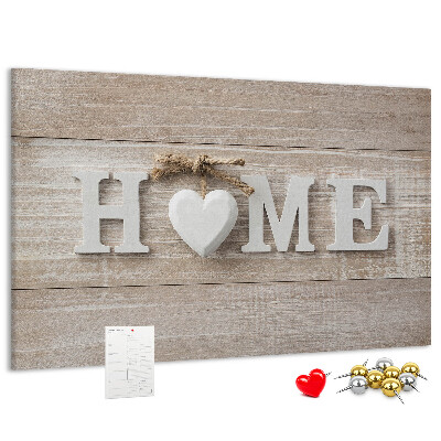 Tablero de corcho decorativo con elegante inscripción HOME y un corazón