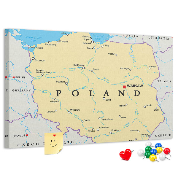 Tablero de corcho decorativo mapa de Polonia con la ubicación de Varsovia marcada