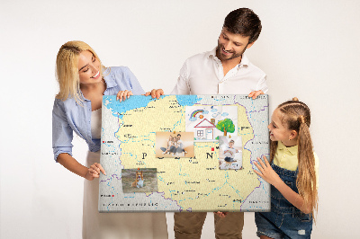 Tablero de corcho decorativo mapa de Polonia con la ubicación de Varsovia marcada