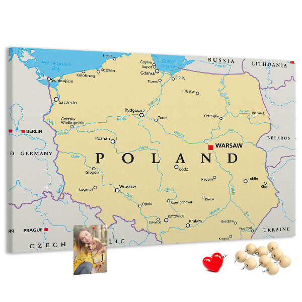 Tablero de corcho decorativo mapa de Polonia con la ubicación de Varsovia marcada