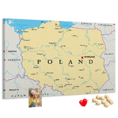 Tablero de corcho decorativo mapa de Polonia con la ubicación de Varsovia marcada