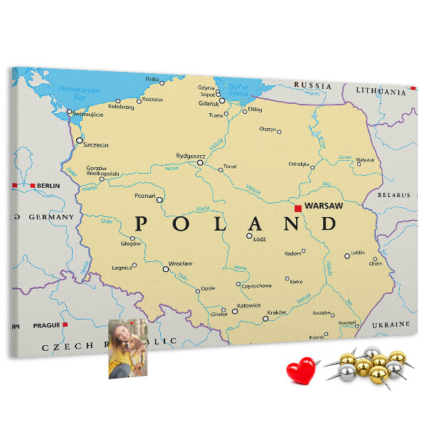 Tablero de corcho decorativo mapa de Polonia con la ubicación de Varsovia marcada