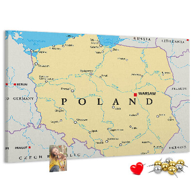 Tablero de corcho decorativo mapa de Polonia con la ubicación de Varsovia marcada