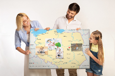 Tablero de corcho decorativo mapa de Polonia con la ubicación de Varsovia marcada
