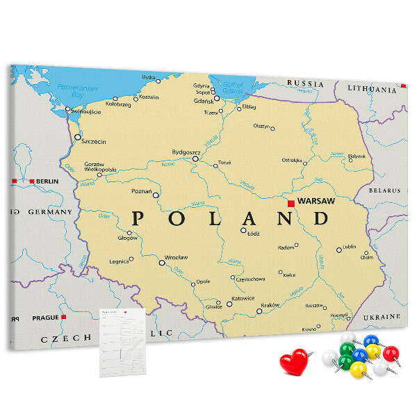 Tablero de corcho decorativo mapa de Polonia con la ubicación de Varsovia marcada