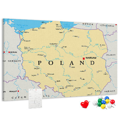 Tablero de corcho decorativo mapa de Polonia con la ubicación de Varsovia marcada