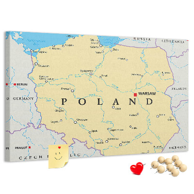 Tablero de corcho decorativo mapa de Polonia con la ubicación de Varsovia marcada