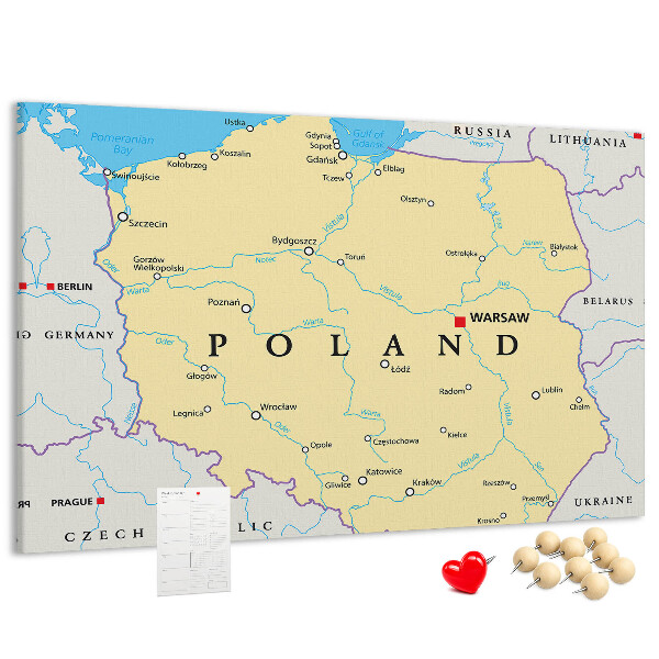 Tablero de corcho decorativo mapa de Polonia con la ubicación de Varsovia marcada
