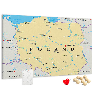 Tablero de corcho decorativo mapa de Polonia con la ubicación de Varsovia marcada