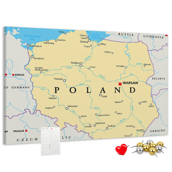 Tablero de corcho decorativo mapa de Polonia con la ubicación de Varsovia marcada