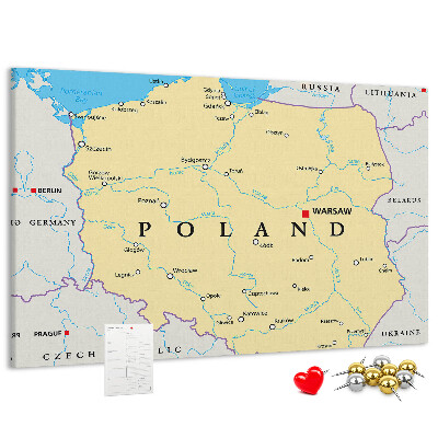 Tablero de corcho decorativo mapa de Polonia con la ubicación de Varsovia marcada