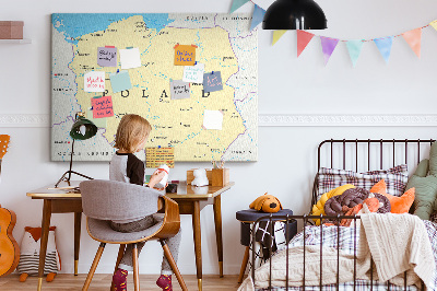 Tablero de corcho decorativo mapa de Polonia con la ubicación de Varsovia marcada