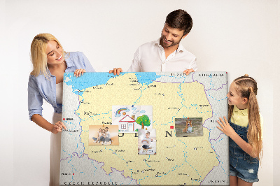 Tablero de corcho decorativo mapa de Polonia con la ubicación de Varsovia marcada