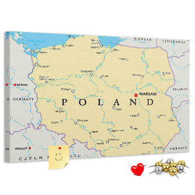 Tablero de corcho decorativo mapa de Polonia con la ubicación de Varsovia marcada