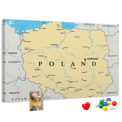 Tablero de corcho decorativo mapa de Polonia con la ubicación de Varsovia marcada
