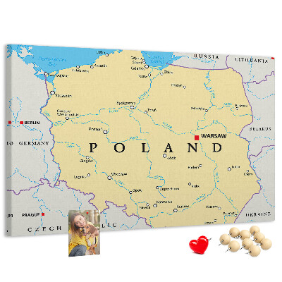 Tablero de corcho decorativo mapa de Polonia con la ubicación de Varsovia marcada
