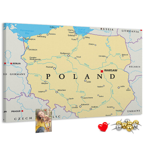 Tablero de corcho decorativo mapa de Polonia con la ubicación de Varsovia marcada