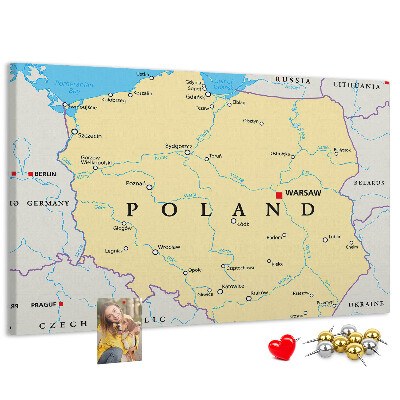 Tablero de corcho decorativo mapa de Polonia con la ubicación de Varsovia marcada