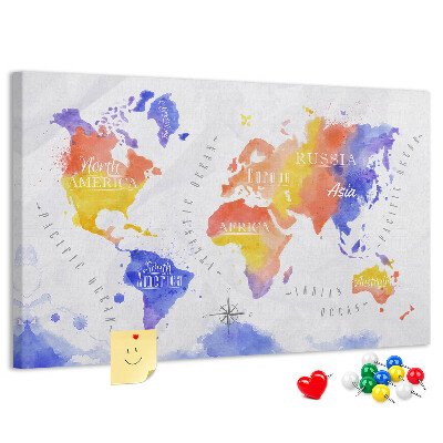 Tablero de anuncios mapa del mundo con diseño de acuarela colorida