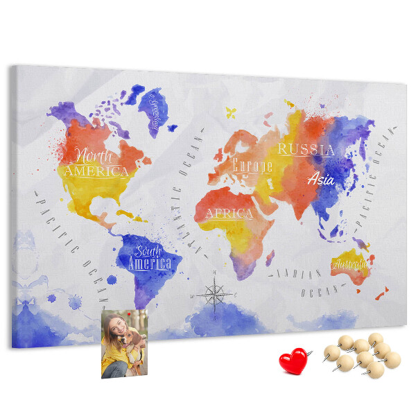 Tablero de anuncios mapa del mundo con diseño de acuarela colorida